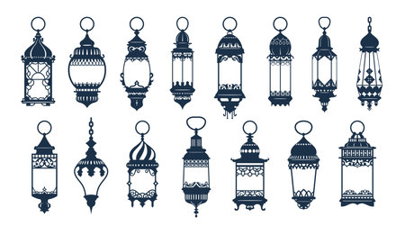 Ramadan or Eid Mubarak arab islamic famous lantern or lamp silhouettes. Middle east ancient kerosene hanging light, Turkish antique gas lamp or islamic vintage lantern isolated vector silhouettes setのイラスト素材