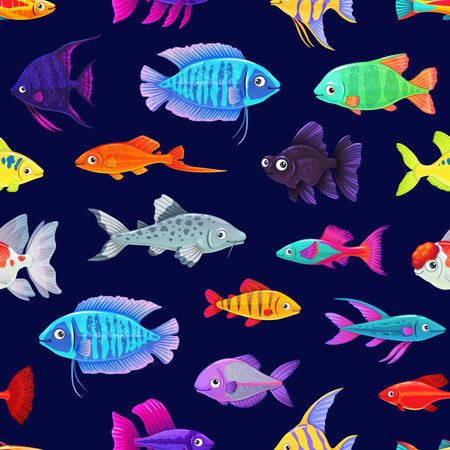 Cartoon aquarium fishes seamless pattern, cute tropical fishes in sea or ocean, vector background. Underwater or undersea aquarium colorful swimming fishes pattern for kids print fabric backgroundのイラスト素材