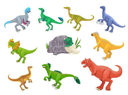 Cartoon dinosaurs reptiles cheerful characters. Extinct reptile, Jurassic era Oviraptor, Troodon, Compsognathus and Therizinosaurus, Dilophosaurus, Pachycephalosaurus dinosaur vector cute personagesのイラスト素材