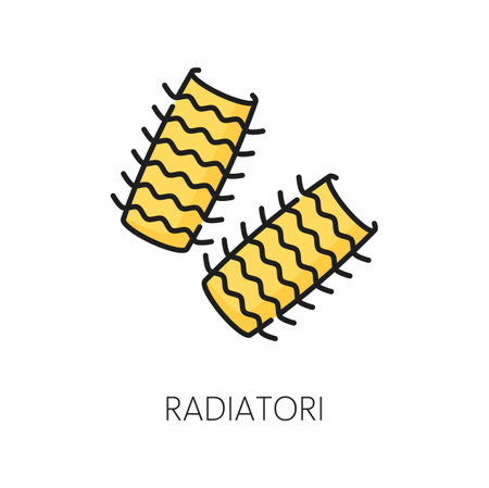 Radiatori pasta type, squat color outline icon. Vector ingredient of rotelle or fusilli, fastfood pasta thin line. Radiatori italian cuisine foodのイラスト素材