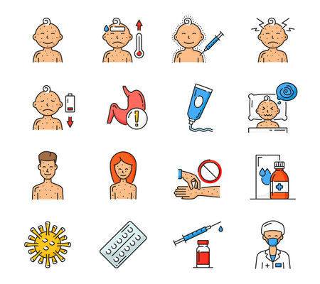 Chicken pox icons. Dermatitis disease, skin infection and chicken pox virus symptoms and vaccination treatment thin line vector symbols with sick baby boy, people with measles, doctor and medicinesのイラスト素材