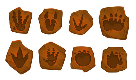 Ancient dinosaur footprints, archaeology fossil. Isolated vector dino animal paw prints, reptile foot trail impression in stone. Cartoon ancient jurassic era archaeological and paleontology findsのイラスト素材