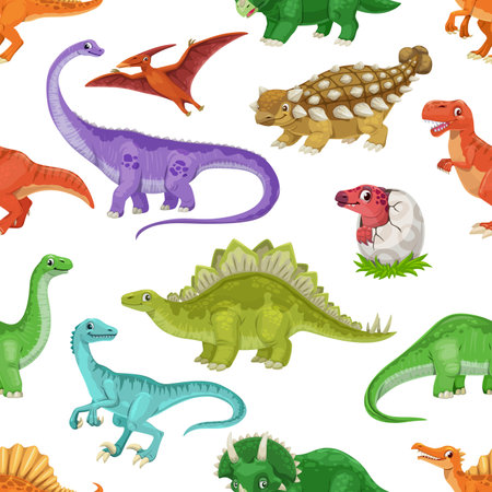 Cartoon dinosaur characters seamless pattern of cute dino animals and funny baby stegosaurus in egg. Vector background with pterodactyl, brontosaurus, tyrannosaurus and velociraptor personagesのイラスト素材