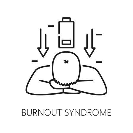 Burnout syndrome. Psychological disorder problem, mental health icon. Psychotherapy, human psychology or mental disorder problem thin line vector icon with tired, stressed man, low energy batteryのイラスト素材