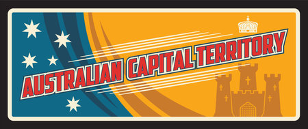 Australian capital territory retro travel plate, Australia states vintage tin sign. Vector flag and map, tourist castle and state banner, Canberra Australian Federal Capital Territory, ACT or FCTのイラスト素材