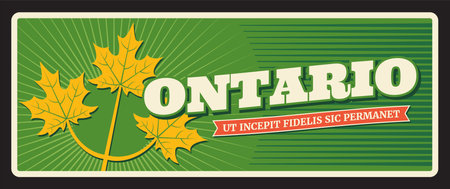 Ontario Canadian province old card with motto ut incepit fidelis sic permanet. Vector travel plate, vintage sign, retro postcard design. Souvenir plaque or magnet from journey or tripのイラスト素材