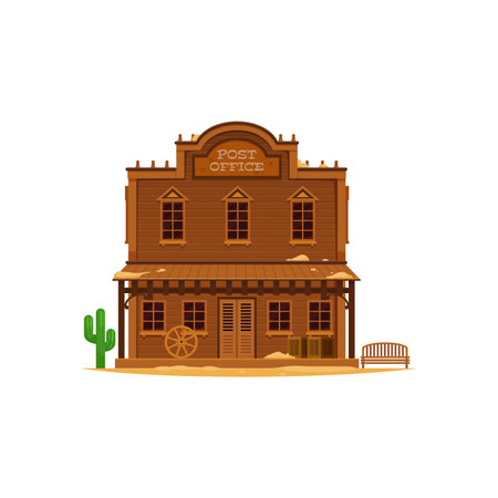 Western Wild West town post office cartoon building. Cowboy city street vector scene with old wood two storey house. Vintage Western post office with parcels on porch, cactus, wagon wheel and benchのイラスト素材