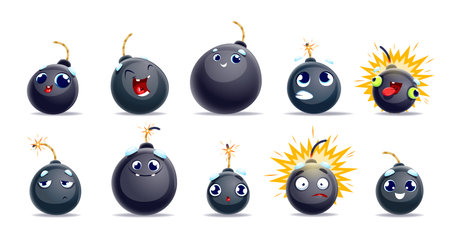 Cartoon bomb characters with wick or fuse. Explosive, weapon personages and burst. Vector set of funny emoticons express emotions of excitement, surprised, laugh, happiness, shock and confusionのイラスト素材