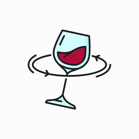 Wine degustation, wine mixing in glass, goblet. Vector mix and control color of wine poured thin line icon. Winery products tasting outline signのイラスト素材