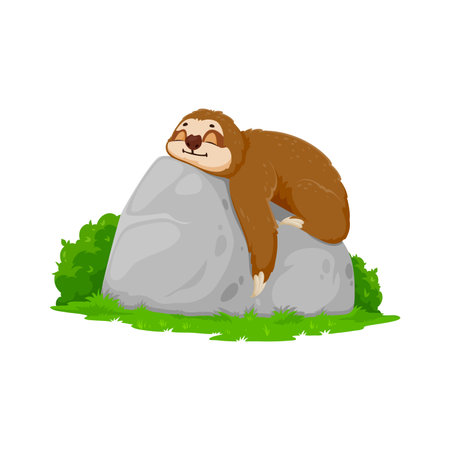 Cartoon funny sloth character resting on stone. Amazon rainforest animal, South America nature lazy mammal isolated vector funny mascot. Sloth comical personage lying and resting on rockのイラスト素材