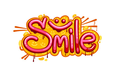 Smile graffiti, street art word and urban style paint spray text, vector airbrush lettering. Word Smile with pink happy face emoji and graffiti letters in yellow paint spray drops splashes on wallのイラスト素材