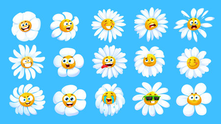 Cartoon chamomile flower characters with funny faces or camomiles smiles, vector icons. Chamomile emoji emoticons, happy daisy or camomile floral baby sad, crying, angry face or laugh with tongueのイラスト素材