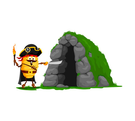 Cartoon funny Gnocchi italian pasta pirate and corsair character. Isolated vector adventurous noodle filibuster personage with burning torch and trusty saber ready to explore secret treasure caveのイラスト素材