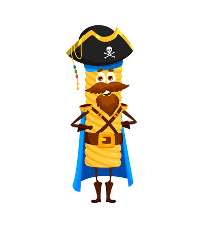 Cartoon tortiglioni italian pasta pirate and corsair character stand with arms akimbo, embodies the swashbuckling spirit with a love for macaroni and an adventurous taste for culinary conquestsのイラスト素材