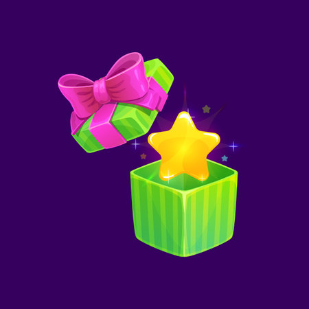 Game gift box and star. Cartoon bonus, present and reward prize icon. Casino gambling or lottery jackpot win prize, game app achievement congratulations or award vector icon with golden star in boxのイラスト素材