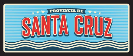 Santa Fe de la Vera Cruz north-eastern Argentina tin plaque with sea waves. Vector Santa cruz Argentine region province retro vector tin sign, banner or postcard designのイラスト素材