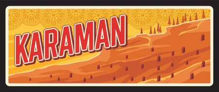 Karaman Turkey province turkish retro travel plate, vintage plaque. Vector Manazan Caves and nature landscape of Ilgaz mountain national park sign, dessert scenery landscapeのイラスト素材