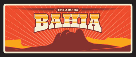 Brazil Bahia state retro travel plate. Brasil estados or community land metal plaque with welcome city tagline, flag and landmark symbol. Salvador capital, Northeast Region travel destinationのイラスト素材