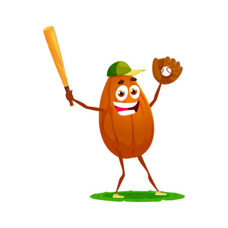 Cartoon almond nut character enthusiastically plays baseball. Isolated vector playful kernel swinging the bat with excitement and wearing a baseball cap, bringing a cheerful and lively energy to gameのイラスト素材