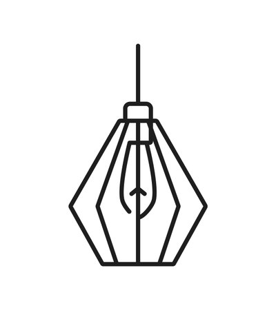 Pendant light or ceiling lamp line icon for home lighting fixture in outline vector. Hanging lamp light with lightbulb and lampshade of metal wire frame, interior design element and house illuminationのイラスト素材