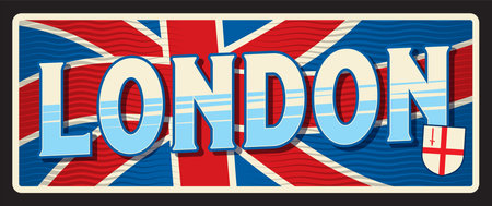 London travel sticker and plate. Vector flag and heraldry of Great Britain and England metal sign with coat of arms of London, heraldic shield with cross, british flag tin signのイラスト素材