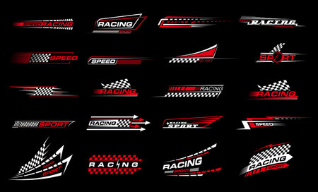 Race sport, car stripe stickers and racing line decals, vector auto vehicle vinyl wraps. Race sport car stripe stickers with speed checker flag, fast arrow and tire wheel for racing sport line decalsのイラスト素材