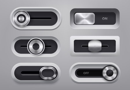 UI interface metal slider bar buttons and switch toggles, realistic vector. Power off and off control slide toggles for UI settings panel menu of media player or music sound volume slider buttonsのイラスト素材
