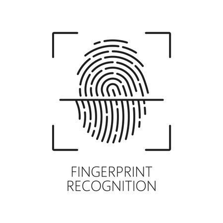 Fingerprint recognition, biometric identification and verification icon. Isolated vector linear sign featuring intricate ridges and loops, symbolizing secure authentication for enhanced digital accessのイラスト素材