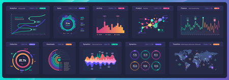 Dashboard data charts, infographics, graphs and info diagrams. Business presentation charts, finance performance and market analysis infographics vector panels with wold map, graphs and diagramsのイラスト素材