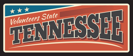 Tennessee state metal travel plates. United states old, sign, signboard with flag stars and stripes, retro typography, inscription vector. Nashville capital, retro signageのイラスト素材