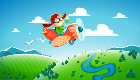 Cartoon kid pilot flying on plane. Child on airplane at cloudy sky. Vector cute boy character with vintage aviator cap and goggles flying on retro aeroplane and waving hand, dream flight or air travelのイラスト素材