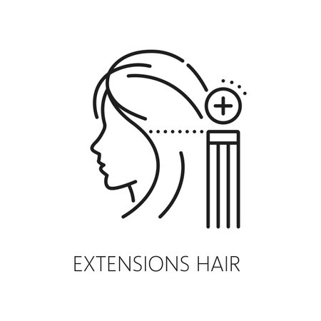 Hair extensions care and treatment line icon. Spa salon treatment product linear icon, haircare cosmetology styling and grow, woman beauty cosmetics line vector symbol or pictogramのイラスト素材