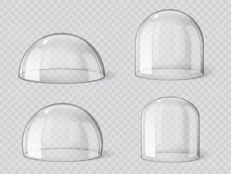 Glass dome, isolated glossy bell sphere or transparent cover, realistic vector 3D. Glass dome or empty protection display, plastic hemisphere or showcase exhibition case jar and spherical globeのイラスト素材