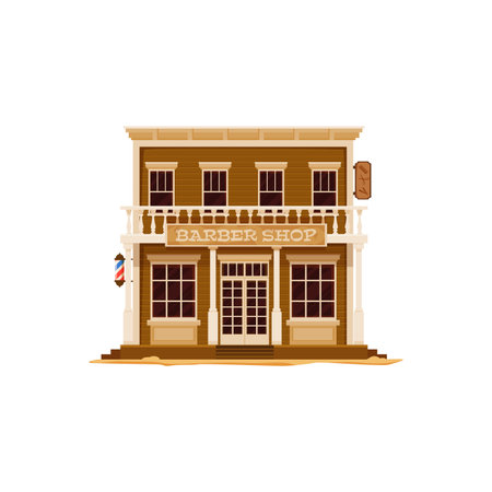Western Wild West town barber shop, cartoon building of old american country street scene. Brown wood house of barbershop or hair salon with retro barber shop pole, wooden facade, porch and balconyのイラスト素材