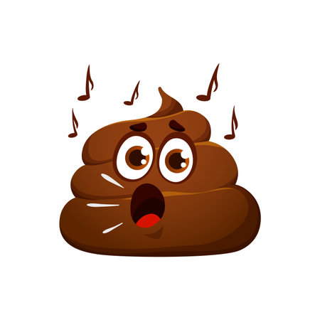 Cartoon poop emoji, funny poo excrement character, happy toilet shit emoticon. Isolated vector joyous feces personage takes center stage, belting out hilarious tune with musical notes floating aroundのイラスト素材
