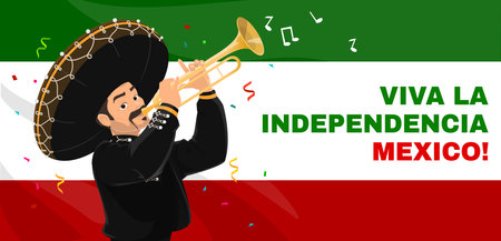 Independence day of Mexico banner with mariachi musician character playing trumpet on national flag background with confetti and musical notes. Vector greeting card for celebration Mexican prideのイラスト素材