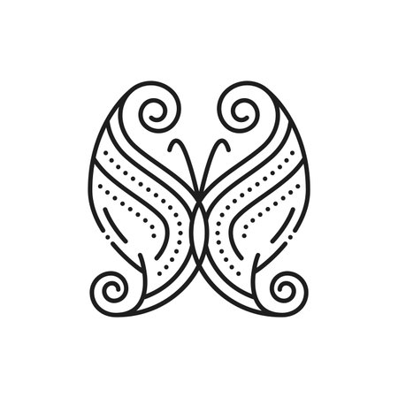Butterfly with abstract pattern on wings, line icon for tattoo or decoration art, outline vector. Butterfly insect with open wings and ornate pattern in thin line for decoration print or beauty decorのイラスト素材