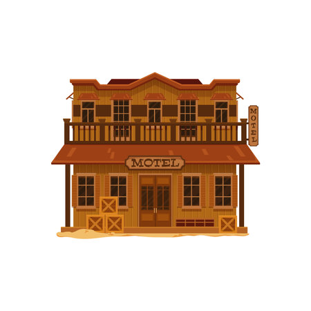 Western Wild West town motel cartoon building. Vector old two storey wood house of cowboy city street. Wild West hotel or hostel building with brown wooden facade, balcony and vintage Motel signboardのイラスト素材