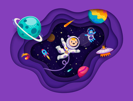 Space paper cut banner with kid astronaut, alien and UFO in starry galaxy. Vector funny spacemen characters with cartoon space planets, rocket, comets and stars in 3d papercut frame with wavy layersのイラスト素材