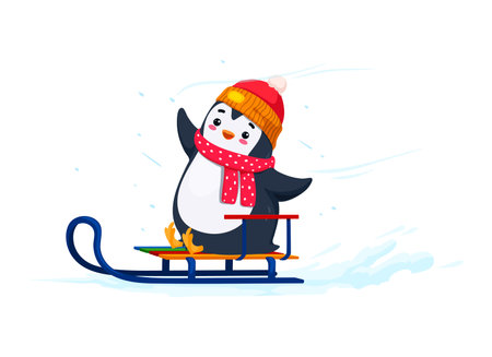 Cartoon cute funny penguin character joyfully rides a sled. Isolated vector adorable baby bird personage wear hat and scarf spreading smiles and laughter with its playful antics on a snowy adventureのイラスト素材