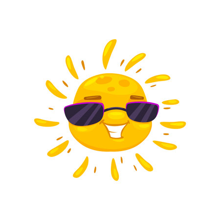 Cartoon sun character with sunglasses. Happy summer sun vector personage with cute face and bright smile. Funny sunshine, sunny spring day or hot weather emoji with yellow sunbeams and black glassesのイラスト素材