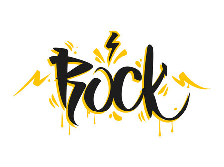 Rock graffiti word, street art and urban style text lettering with airbrush paint spray, cartoon vector. Word Rock with yellow lightning and paint leak drips on wall in street art or music styleのイラスト素材