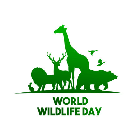 Wildlife day vector poster, wild animals green silhouettes isolated on white background. Biological diversity lion, bear, giraffe and hare with deer and ducks. Forest and african animals fauna holidayのイラスト素材