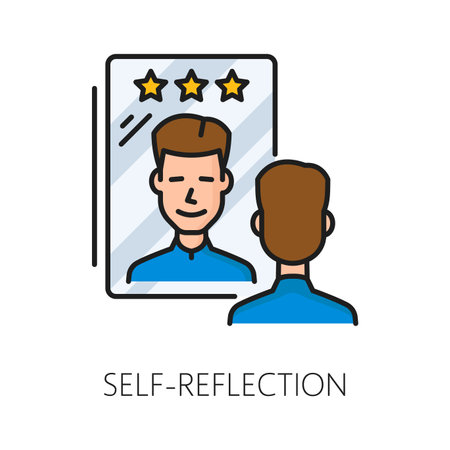 Self reflection psychological disorder problem, mental health isolated thin line icon, symbolizing introspection and self-awareness, represented by a mirror contemplating with male face reflectionのイラスト素材
