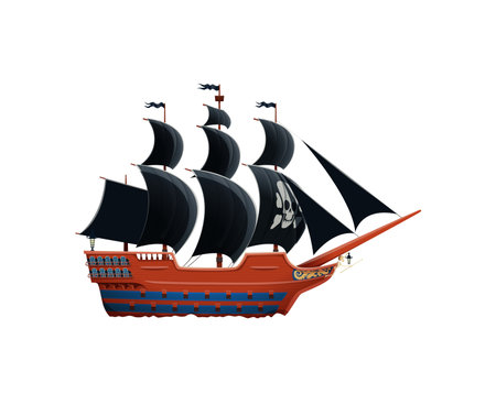 Pirate ship with black tattered sails billowing in the wind. Jolly roger flags flutter, revealing a vessel ready for adventure and mystery. Isolated vector vintage formidable corsair brigantine boatのイラスト素材