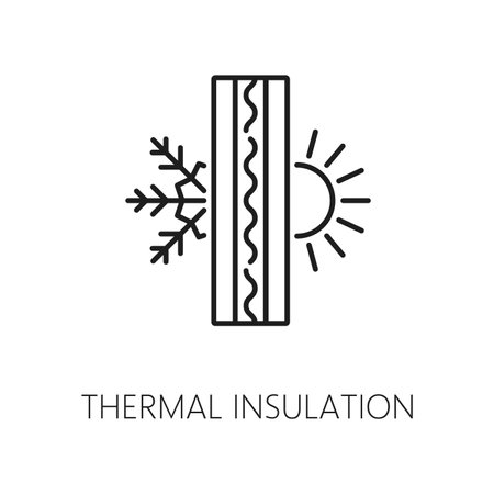Wall thermal insulation icon. House construction technology, energy save and heat protection material or solution, building wall insulation layer cross section line vector icon with snowflake and sunのイラスト素材
