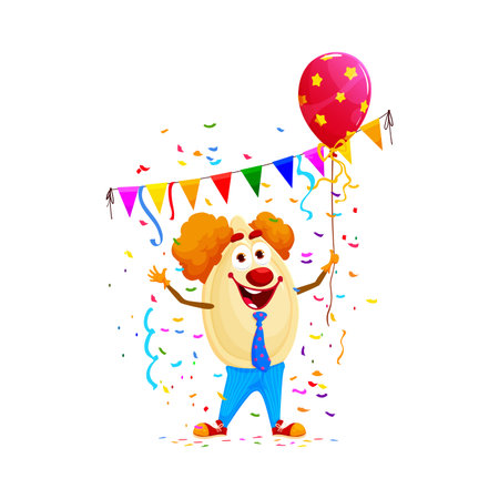 Cartoon pumpkin seed character on holiday and birthday. Isolated vector seed wear costume of clown with balloon, brings joy to a party with his nutty antics, adds a touch of whimsy to the celebrationのイラスト素材