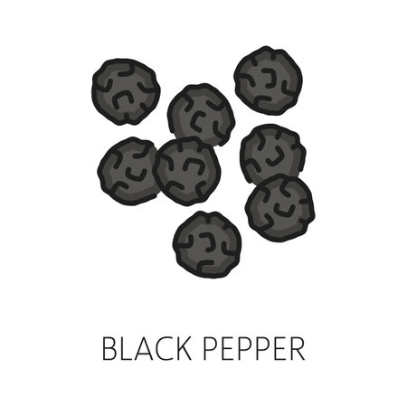 Pile of black peppercorns food seasoning condiment, isolated black pepper seeds outline icon. Vector natural cooking condiment, spicy black pepper seedsのイラスト素材