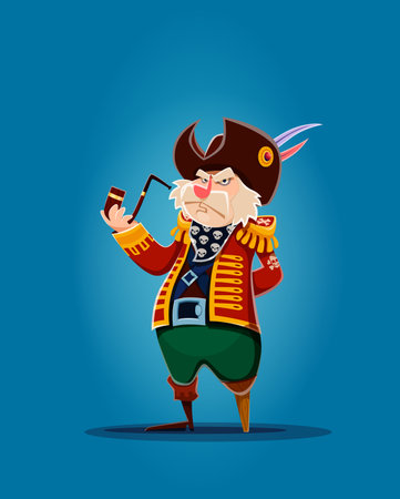 Cartoon pirate captain or corsair sailor one legged character with smoking pipe. Vector buccaneer adorned in tattered attire, exuding a mischievous aura as he embarks on a swashbuckling adventureのイラスト素材