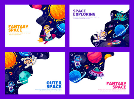 Cartoon space posters. Kids astronauts and aliens characters flying on rocket and UFO, fantasy planets, fire asteroids and comets with starry galaxy landscape background. Outer space travel, astronomyのイラスト素材